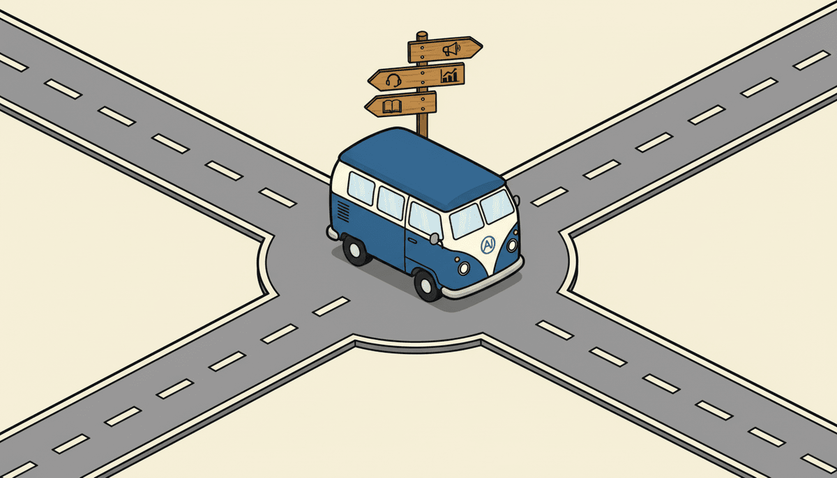The AI Struggle Bus at a crossroads with direction signs